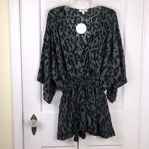 KYE MI Animal Print Romper Boho Flowy Black Olive Size L NWT